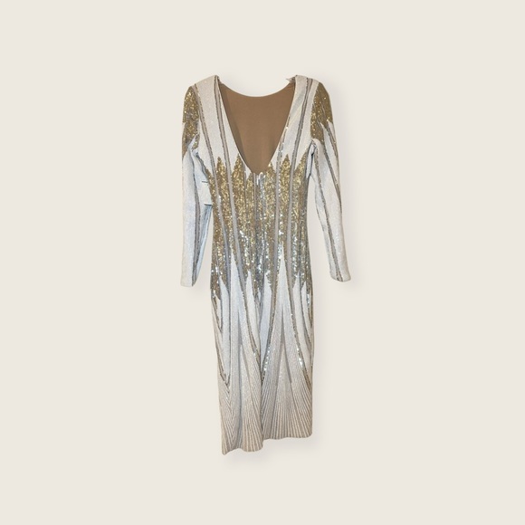 Dress the Population White Silver Emery Long Sleeve Sequin BodyCon Midi Dress - Picture 11 of 12